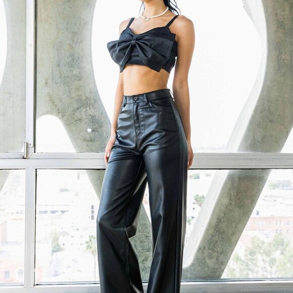Darlene PU Wide Leg Black Pants | Women's Faux Leather Bottoms - Picture 10 of 12